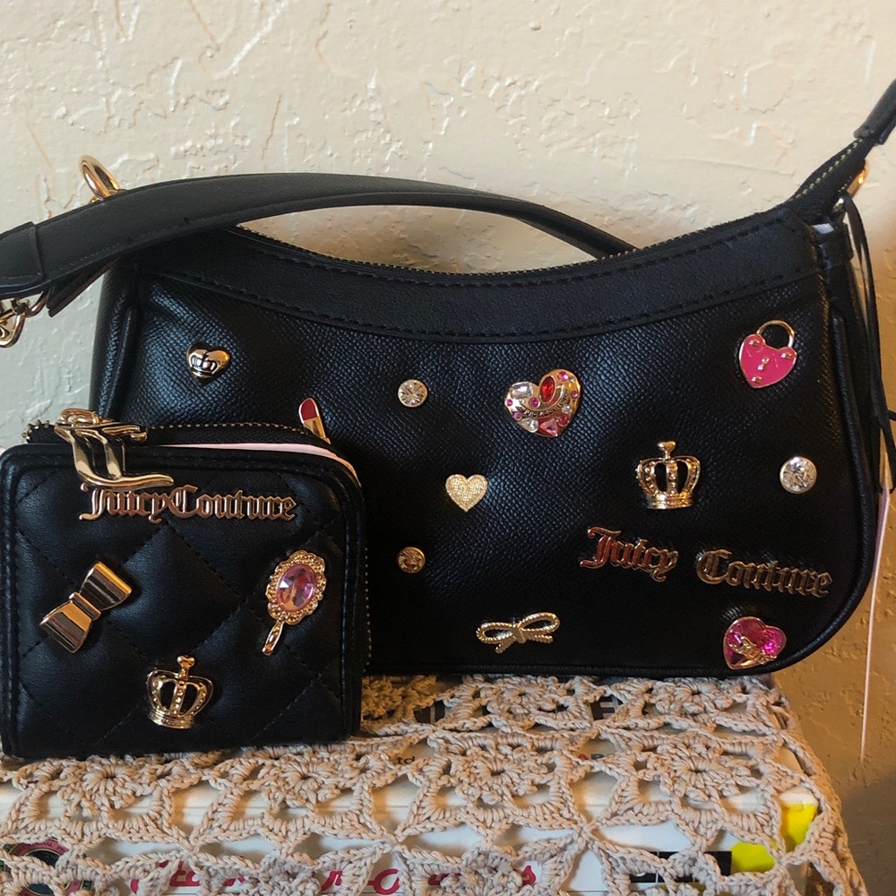 NWT Juicy Couture Black Turn On The Charm Shoulder Bag w/ Matching Wallet